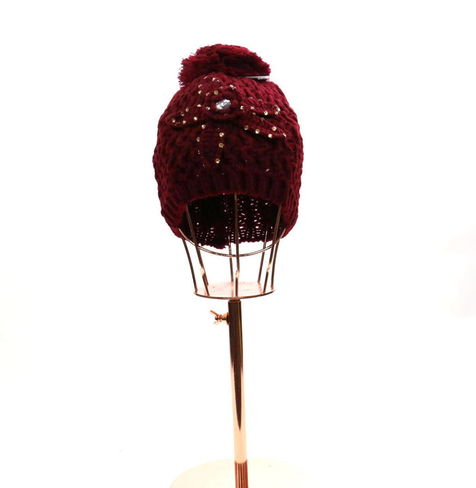 Knitted Rhinestone Flower Pom Pom Beanie #HT17965 (PC)