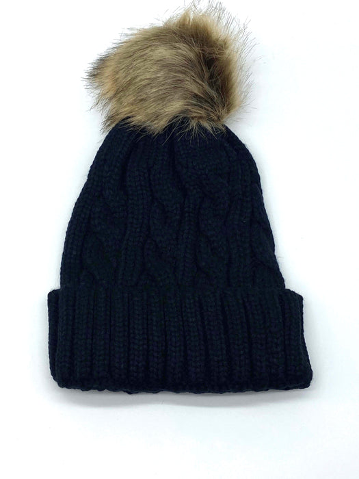 #AO321 Pom Pom Black Beanie w/ Brown Pom Pom