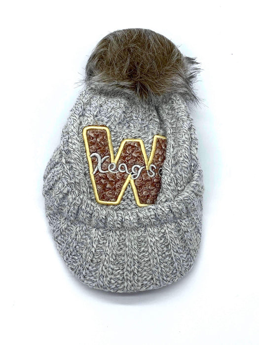 #AT187 W Design Pom Pom Visor Gray Beanie