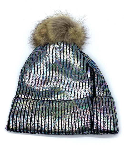 #KM2164HGBLK Shiny Black Beanie w/ Silver AB Stripe