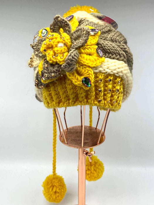 #WH-WA13 Dangle Pom Pom Flower Yellow/Brown Beanie