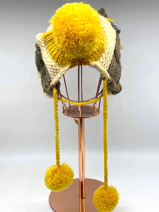 #WH-WA13 Dangle Pom Pom Flower Yellow/Brown Beanie